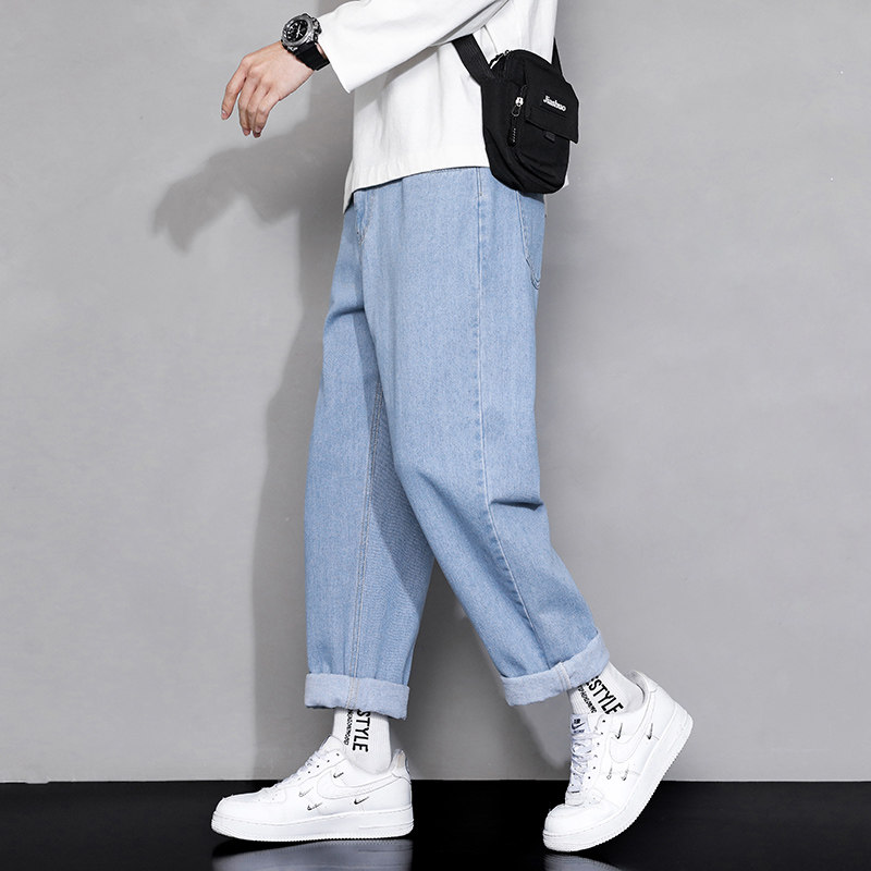 牛仔裤男2022新款韩版宽松直筒裤时尚潮流百搭裤子松紧腰系带长裤
