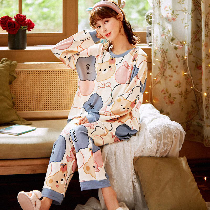春秋纯棉睡衣两件套女夏季薄款长袖2022年可爱长袖圆领套装家居服