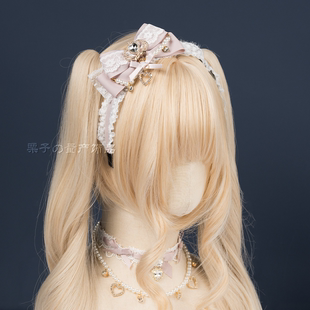 日系量产型侧面立体蝴蝶结发箍皇冠仿珍珠串头箍lolita毛茸茸头饰