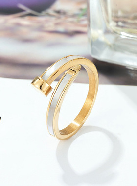 开口白贝壳钉子戒指女小众设计感指环ins风钛钢戒指