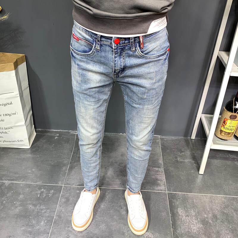 浅色牛仔裤男款春季潮牌水洗简约百搭复古修身弹力小脚潮流九分裤