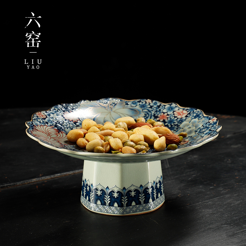 汝窯高足茶點(diǎn)盤中式點(diǎn)心盤纏枝蓮滿花果盤陶瓷供佛擺盤糕點(diǎn)糖果盤