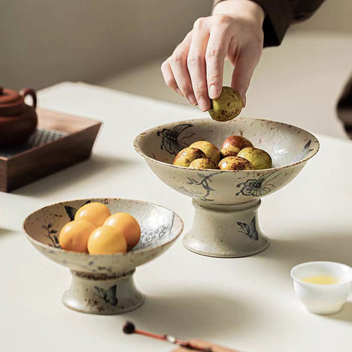 复古中式青花火石红高足茶点盘