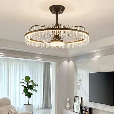 客厅水晶风扇灯轻奢简约大气大厅吊灯家用智能房间卧室一体吊扇灯