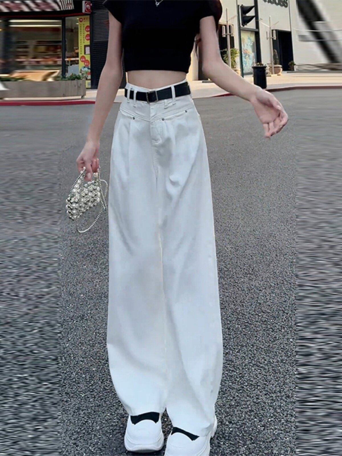 여성용 화이트 스트레이트 좁은 와이드 레그 청바지 2025 봄 새로운 디자인 틈새 하이 웨이스트 캐주얼 바닥 청소 바지