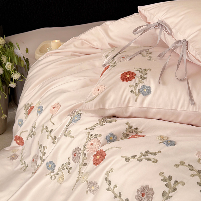 红花车少女心100S长绒棉三四件套全棉纯棉毛巾绣被套床单床上用品