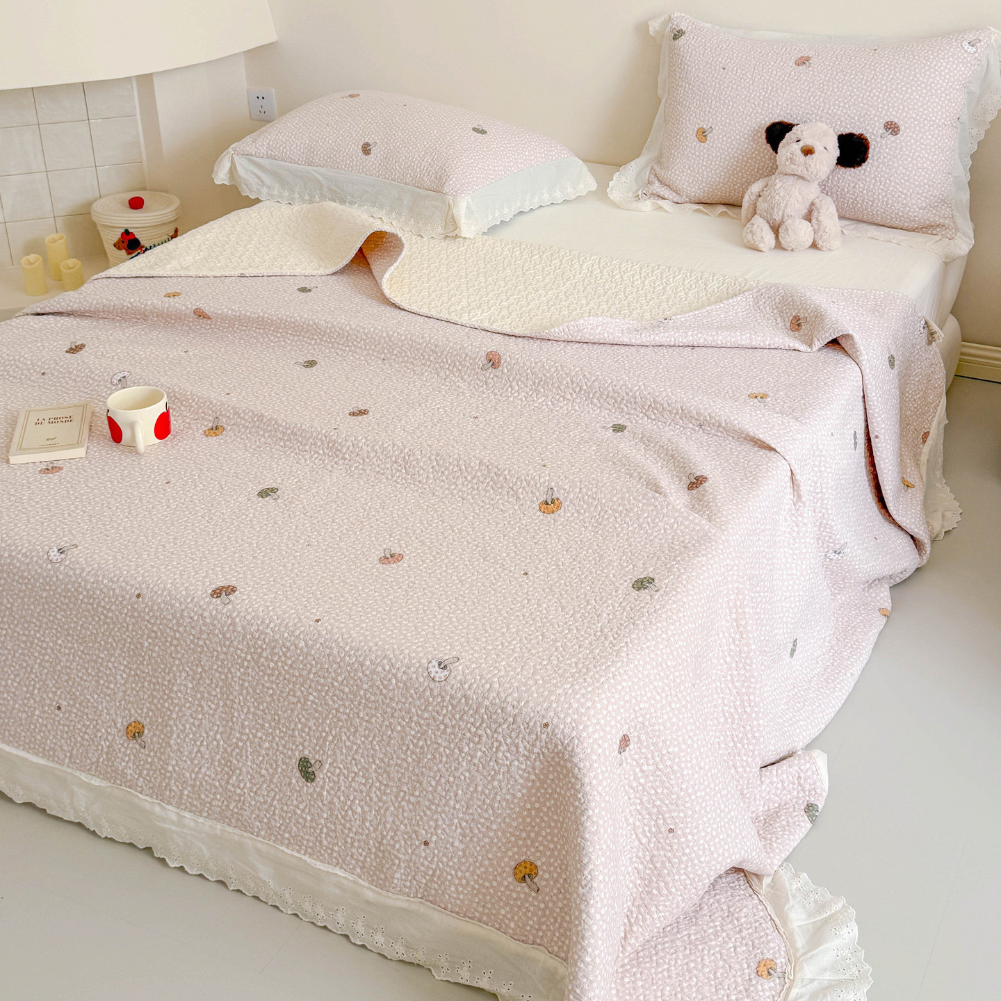 春夏卡通全棉小清新床盖三件套少女心夹棉床单加厚花边可水洗,床上用品,床盖,淘宝优惠券,粉丝福利购,淘宝优惠卷