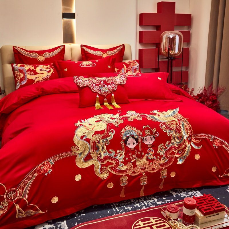 新中式长绒棉婚庆刺绣四件套多件套全棉大红喜庆结婚套件