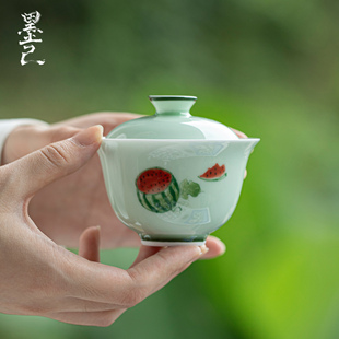 墨己盖碗小清新手绘西瓜福灵陶瓷手抓泡茶器家用不烫手带盖茶碗