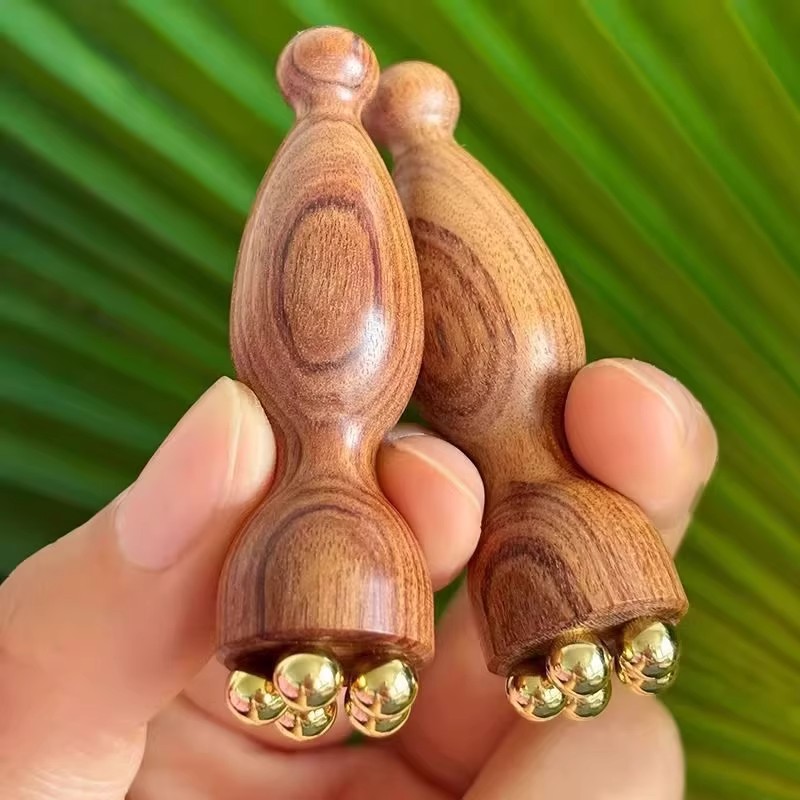 面部眼部按摩器小莲蓬脸部美容黄铜拨筋棒点穴护肤工具花梨木刮板