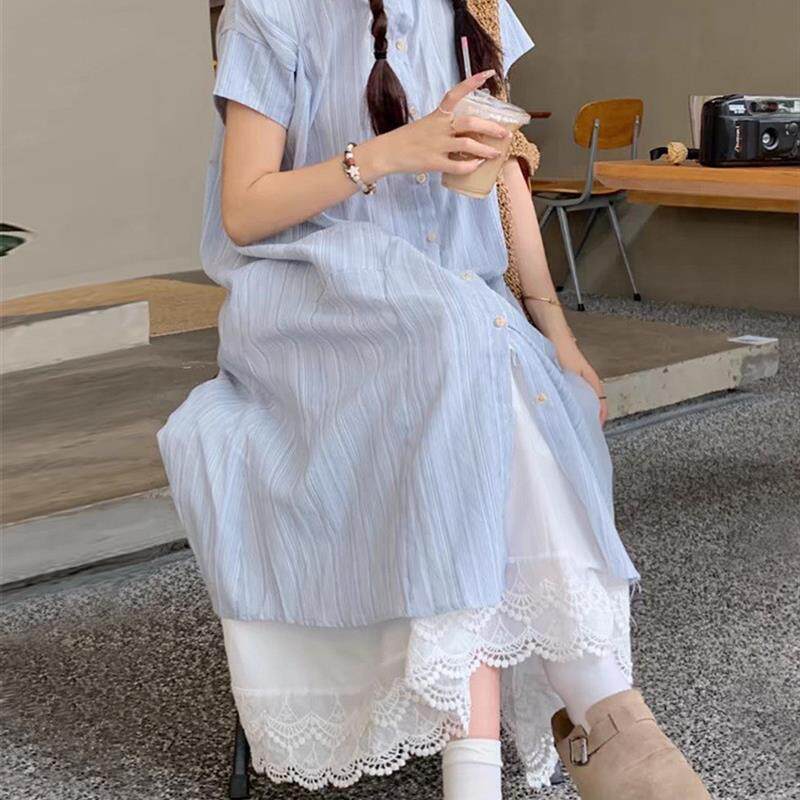 蓝色条纹短袖衬衫连衣裙女夏季2025新款韩系宽松中长款叠穿两件套