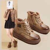 皮面马丁靴女40 42码 羊羔绒2025新款 大码 冬季 防寒厚底保暖女棉靴