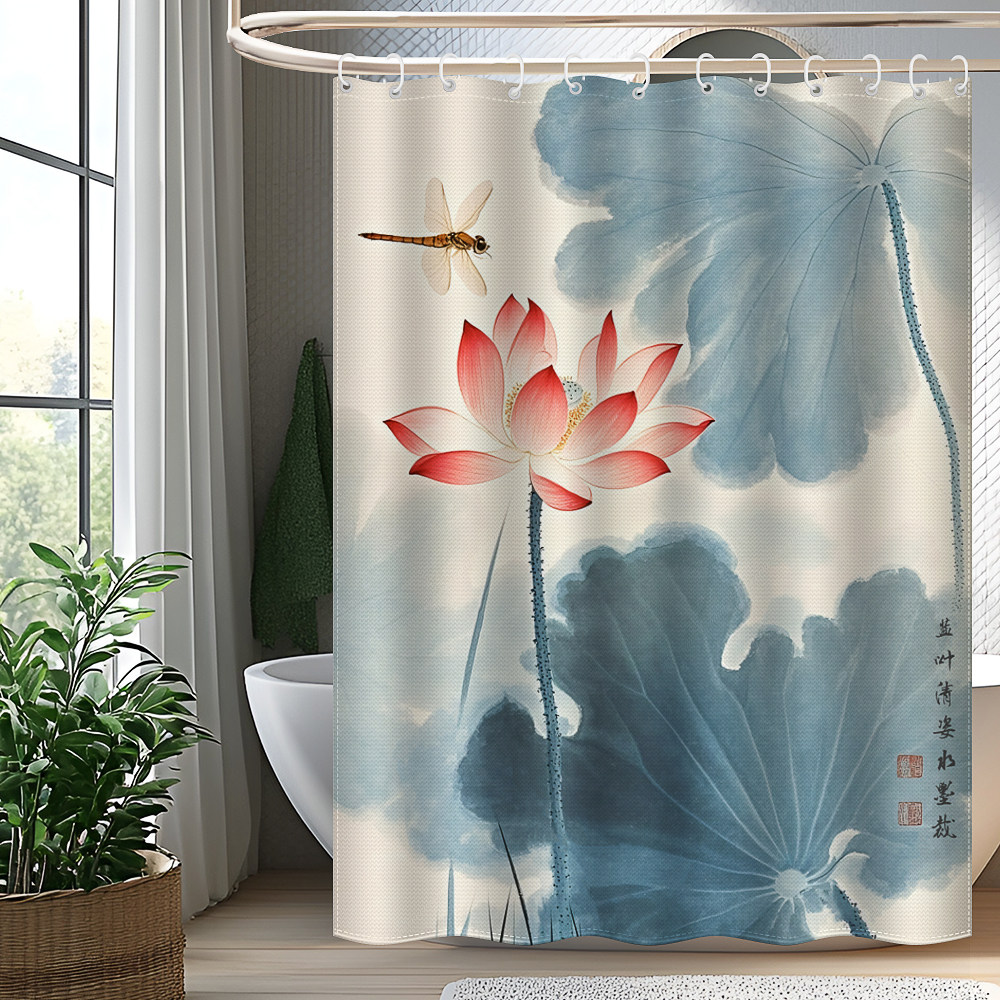 新中式水墨荷花浴室防水布卫生间隔断帘加厚窗户免打孔套装挂帘布