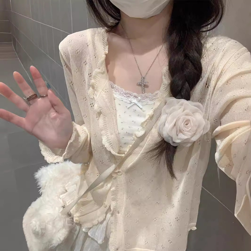 韩系镂空薄款防晒针织衫女夏季新款别致宽松短款长袖开衫上衣