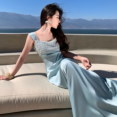 实拍缎面轻奢感宴会礼服裙重工珠片吊连衣裙