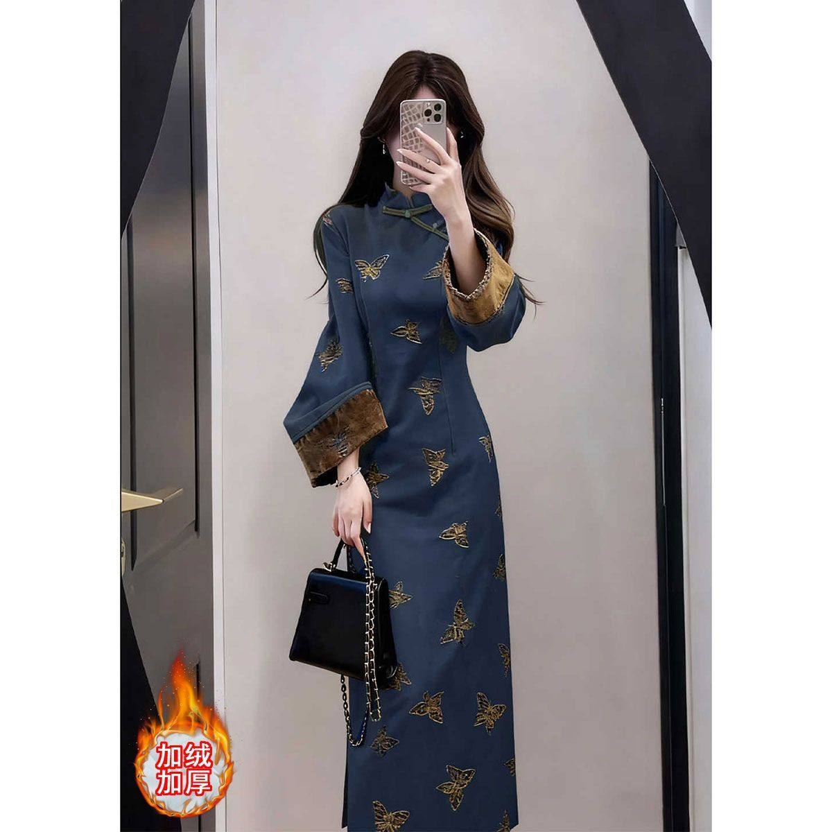 新中式复古蓝色提花改良旗袍连衣裙出席重要场合的裙子2025年冬季