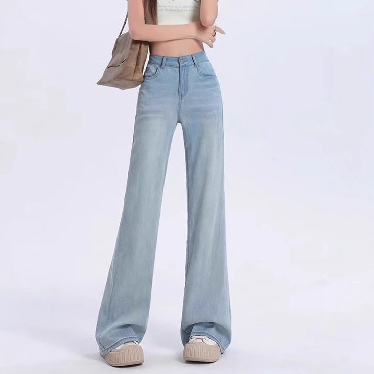 2026新款天丝微喇牛仔裤子大码女胖mm显瘦梨型身材高腰阔腿裤夏薄