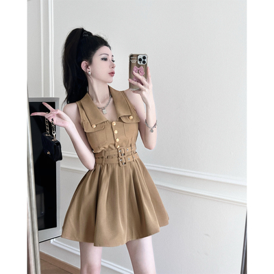 实拍视频     新款法式复古翻领百褶裙收腰显瘦连衣裙配腰带