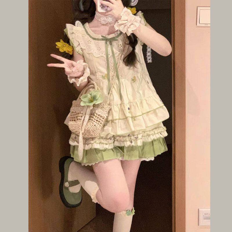 夏日休闲多巴胺小飞袖印花撞色上衣+花边蛋糕半身短裙两件套穿搭