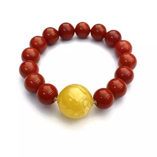 安伯曼18K金花贴片蜜蜡大圆珠九口南红满色满肉手串12-18mm