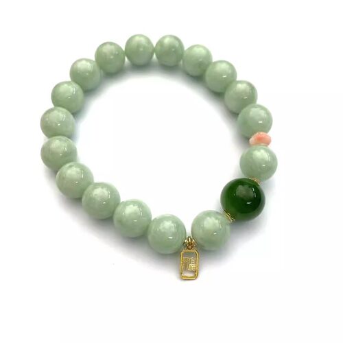 安伯曼碧玉菠菜绿红色莲花18K金福字牌翡翠基地绿手串10mm左右