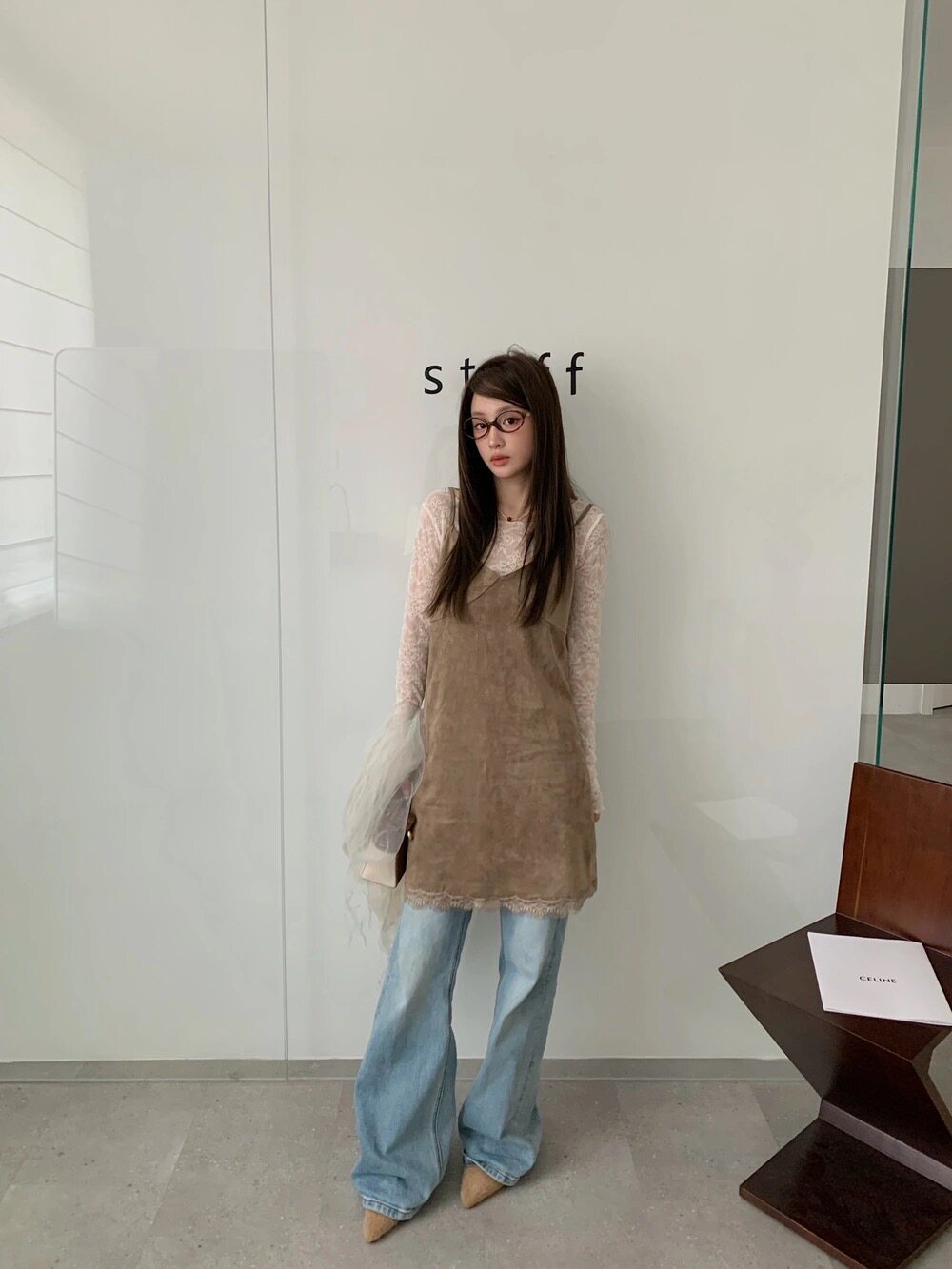 Aube studio 2026秋冬新款韩版蕾丝拼接吊带连衣裙女