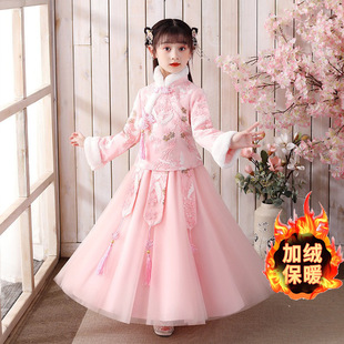 粉色加绒加厚汉服秋冬款 儿童小女孩新年拜年服套装 女童中国风唐装