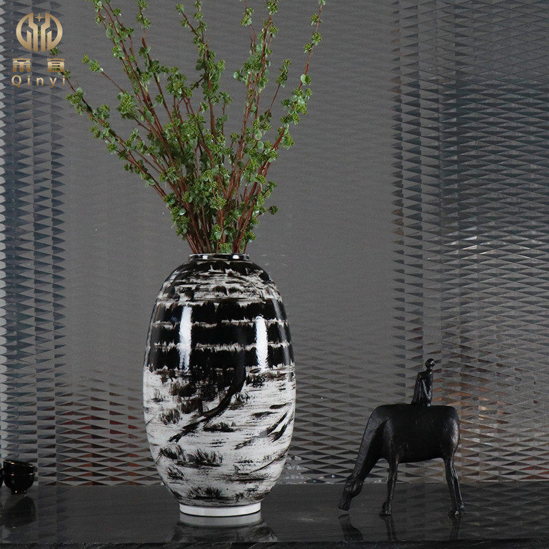 新中式创意手绘水墨画陶瓷花瓶摆件客厅客厅茶几桌面工艺品摆设