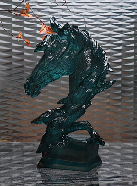 新中式后现代蓝色马头树脂摆件酒店别墅展厅玄关桌面软装饰品摆设