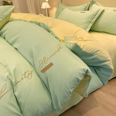 纯色双拼全棉加厚磨毛被套刺绣