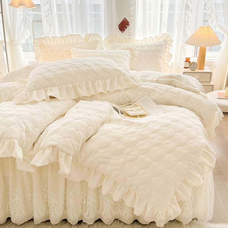 高端加厚保暖牛奶绒被套单件公主风纯色防静电双面绒夹棉花边被罩