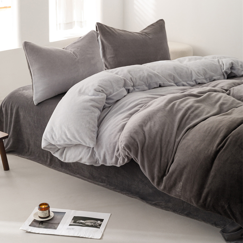 高克重牛奶绒加厚被套单件冬季保暖双面珊瑚绒简约灰色被罩四件套