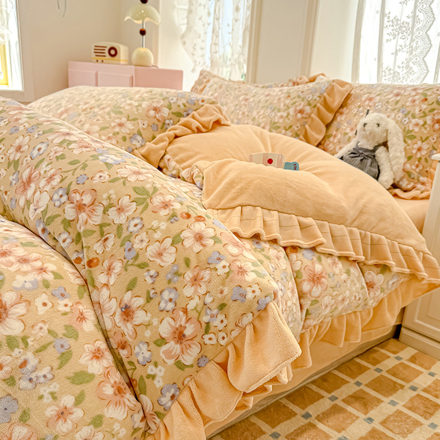 韩版加厚牛奶绒床上四件套田园风碎花被套双面法兰珊瑚绒保暖秋冬