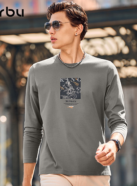 MrBu布先生长袖T恤男款国潮印花秋冬小众圆领灰色纯棉上衣KT01738