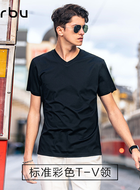 MrBu布先生短袖男款T恤纯色基础V领夏季休闲上衣舒适长绒棉体恤衫
