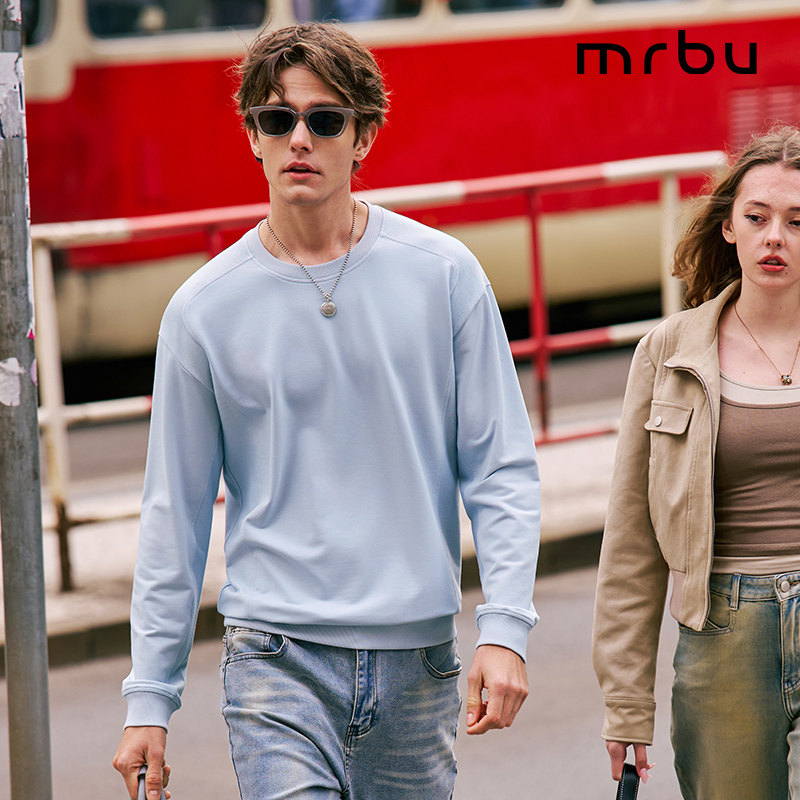MrBu布先生贴身薄卫衣男款圆领蓝色马鞍肩时尚长袖秋冬上衣断码