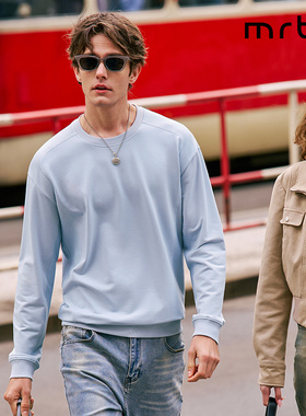 MrBu布先生贴身薄卫衣男款圆领蓝色马鞍肩时尚长袖秋冬上衣断码