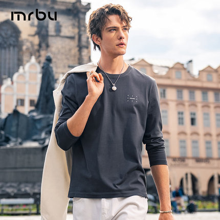 MrBu布先生长袖t恤男士卫衣字母印花美式休闲圆领上衣灰色KT15653