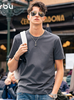 MrBu布先生纯棉字母圆领短袖男士t恤衫夏季上衣灰色半袖GT15256