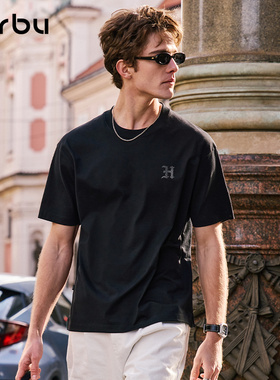 MrBu布先生短袖T恤男士黑色字母印花重磅纯棉宽松下摆开衩GT16328