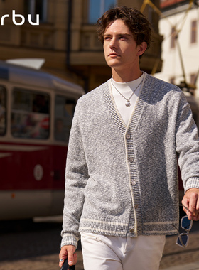 MrBu布先生V领开衫外套秋冬男款100%绵羊毛针织衫灰色毛衣KT16657
