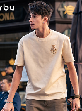 MrBu布先生廓形短袖T恤男夏季纯棉上衣落肩款立体刺绣休闲GT15219