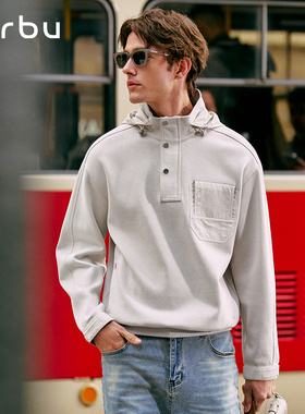 MrBu布先生灰色连帽卫衣男款高级机能风半开襟魔术贴袖口KT16618