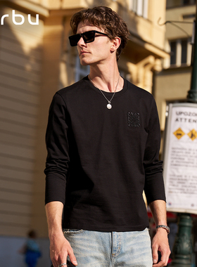 MrBu布先生黑色长袖新款体恤男上衣T恤打底衫时尚印花圆领KT16552