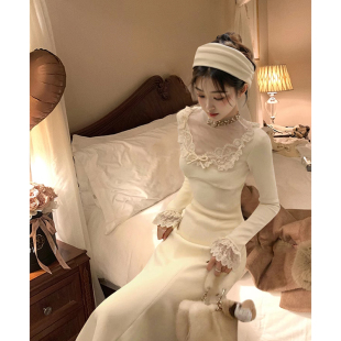 溫柔少女感重工刺繡蕾絲上衣針織連衣裙千金感毛毛馬甲套裝 女冬季