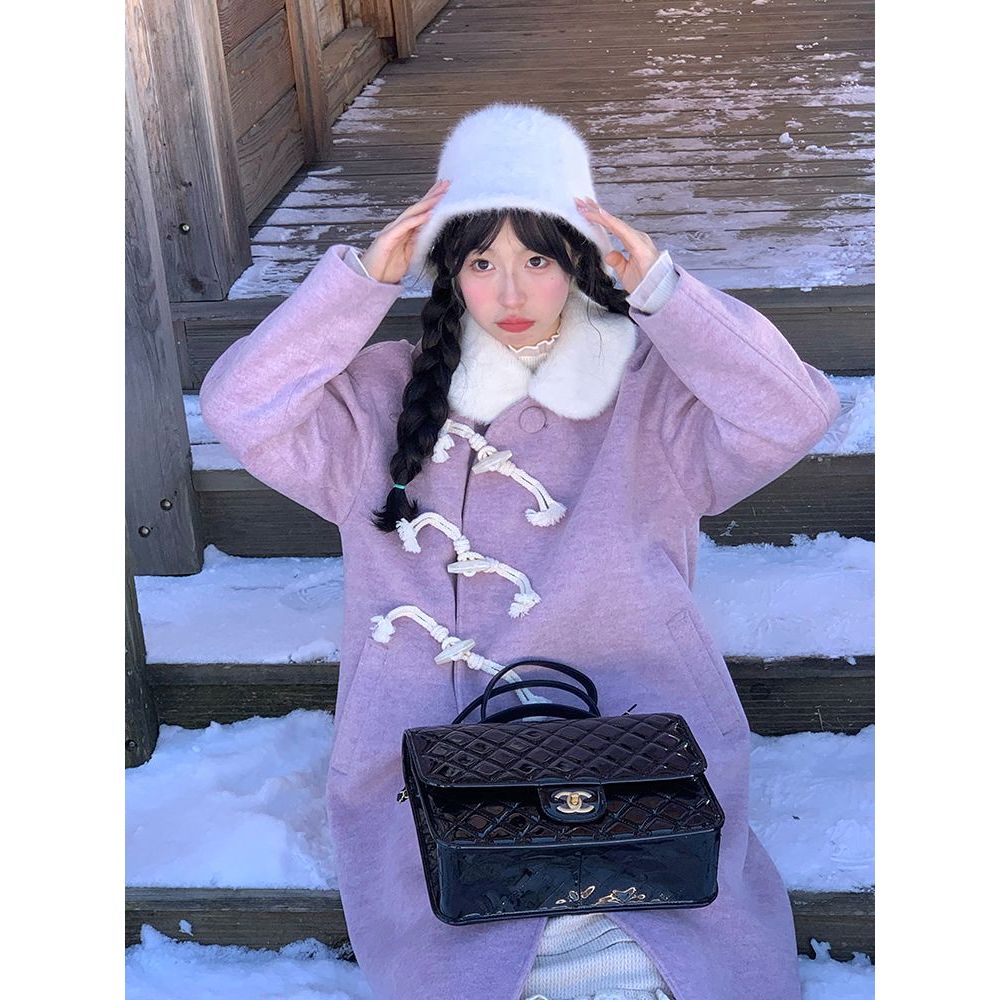 毛毛娃娃领毛呢外套女秋冬季新款紫色甜美牛角扣斜门襟夹棉大衣女