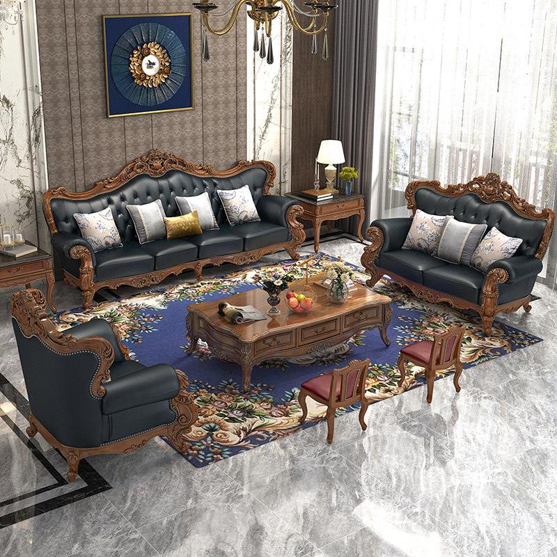 奥克维尔实木沙发现代简约头层真皮三人位组合美式别墅家具全套