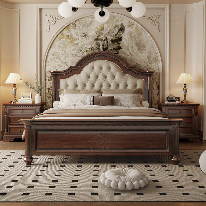 【源头工厂】美式全实木床1.8米双人床主卧大床头层黄牛皮软包床