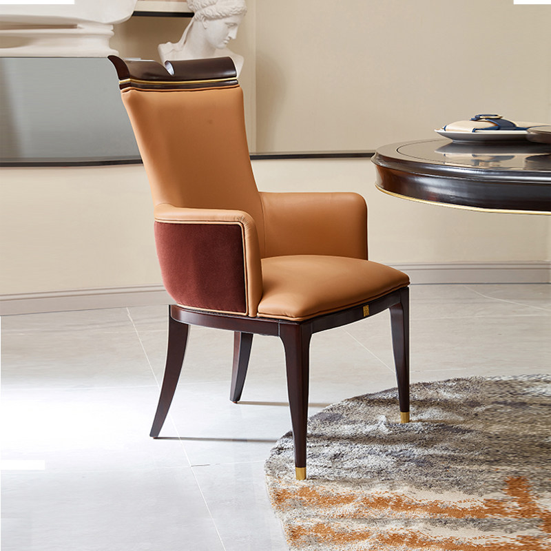 奥克维尔美式轻奢家用餐椅全实木印尼进口桃花心木靠背椅皮布结合