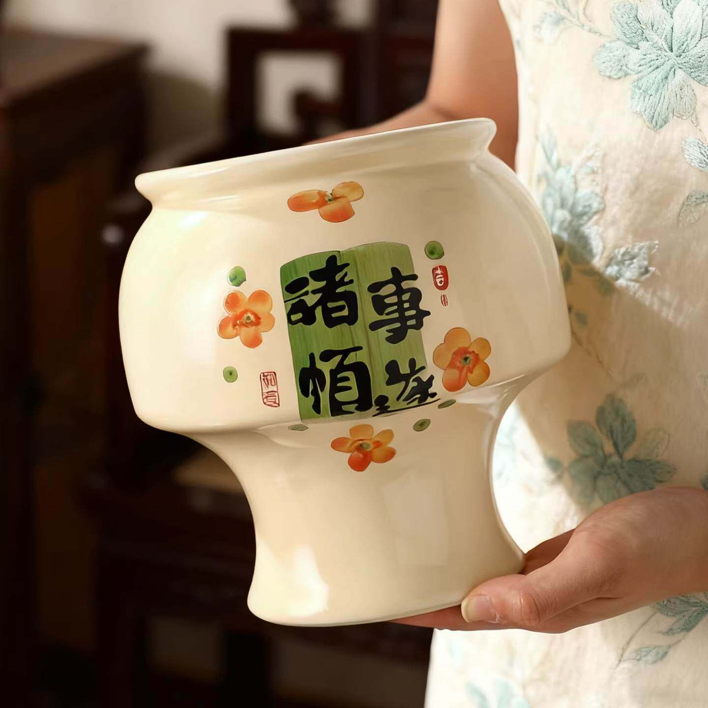 轻奢中式陶瓷花盆现代简约手绘家用高脚蝴蝶兰三角梅专用花卉套盆